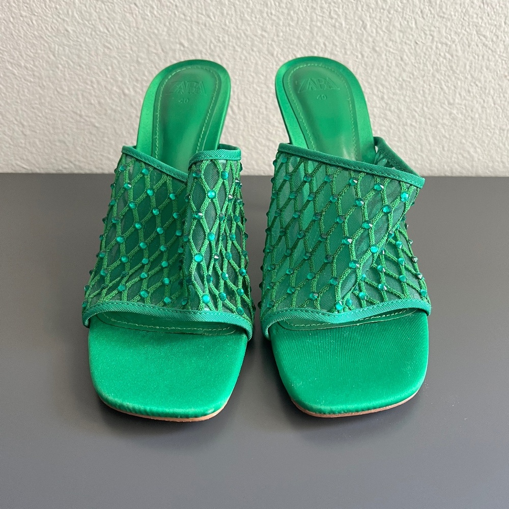 ZARA Rhinestone Mesh Green Slide Heels